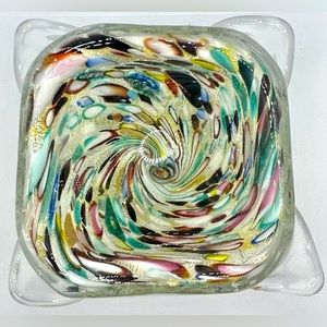 Vintage Murano Art Glass Multicolor w/Silver Cased Square Dish One Of A Kind